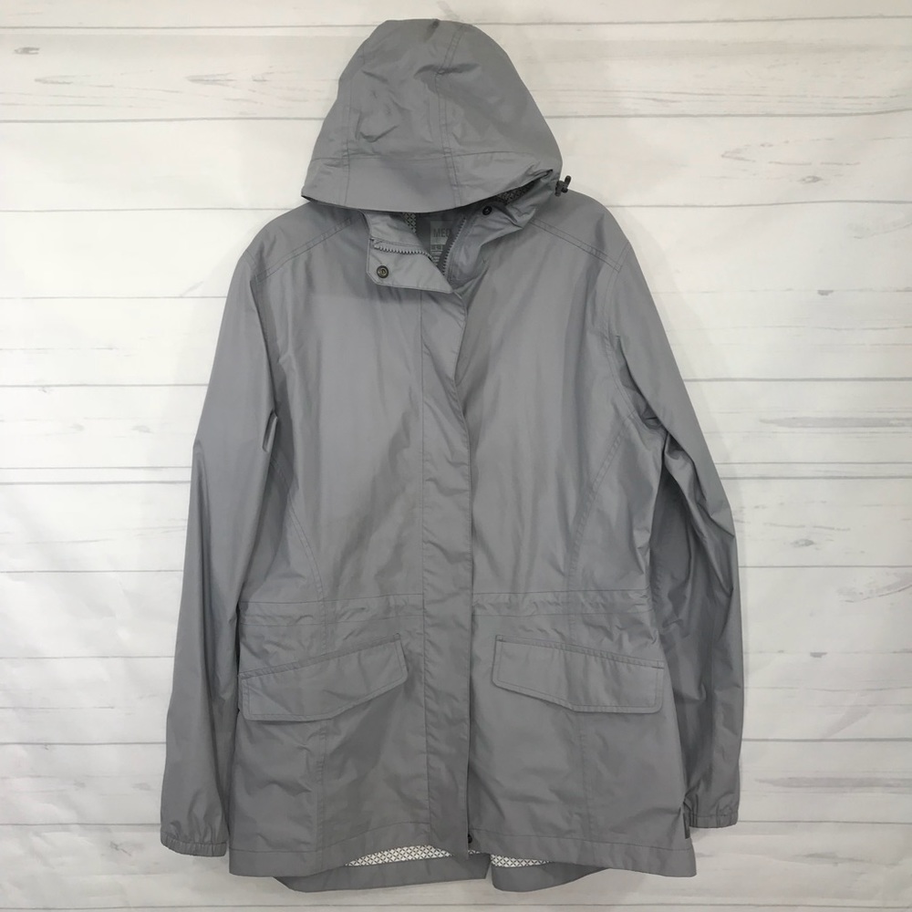 MEC Rain coat print lined gray exterior large